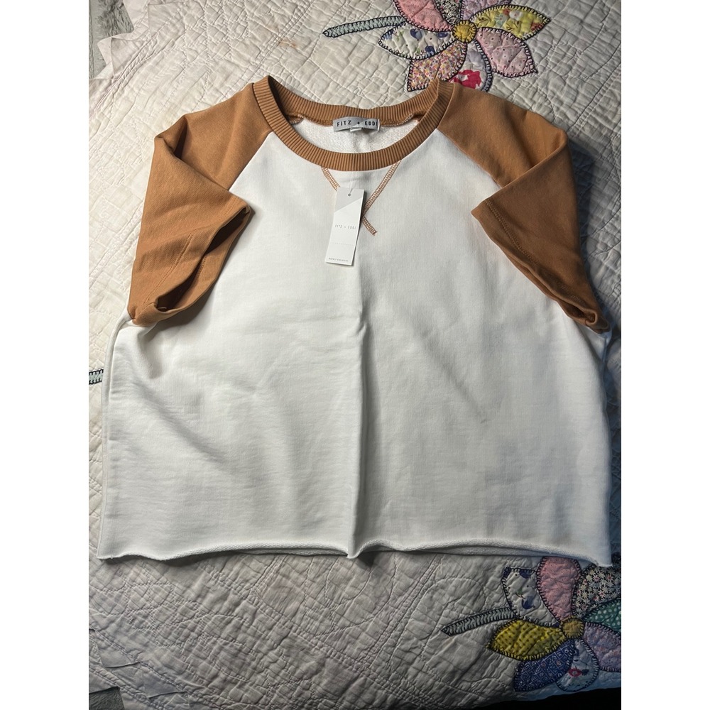 Fitz + Eddi Womens Raglan Short Sleeve Cropped Sweatshirt Cream Brown XL NEW